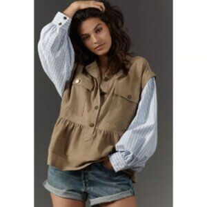 Brand New Anthropologie Pilcro Button-Front Mixed Media Striped Long Sleeve Top